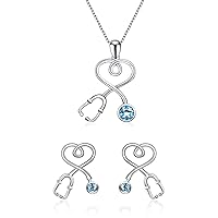 AOBOCO Sterling Silver Stethoscope Jewelry Nurse Necklace and Earrings Set with Simulated Aquamarine Birthstone Crystals from Austria, Medical Student RN Registered Nurse Gifts for Women