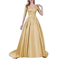 V Neck Satin Mother of The Bride Dresses with Sleeves Formal Applique Wedding Guest Dresses with Pockets