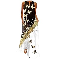 Cocktail Dresses for Women Evening Party,Sexy Sleeveless Dress Casual Flowy Long Dress Plus Size Loose Summer Dress V Neck Elegant Print Maxi Dress With Pocket for Vacation Beach Travel Gold L