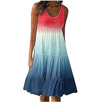 Women's Round Neck Summer Sundresses Casual Sleeveless Tank Dress Gradient Color Printed Tiered Swing Dresses (3X-Large, Red)