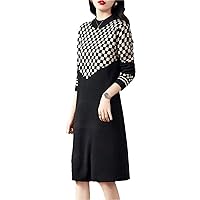 Women Dresses Knitting Long Sweater for Autumn Winter Plaid Patchwork Office Lady Dress