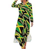 Jamaican Flag Women's Shirt Dress Long Sleeve Button Down Long Maxi Dress Casual Blouse Dresses