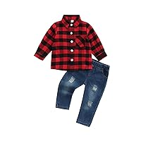 Baby Toddler Boys Flannel Outfits Buffalo Plaid Clothes 2T 3T 4T 5T Button Down Shirt & Jeans Fall Winter Sets