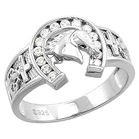 Small Sterling Silver CZ Horseshoe Ring for Men with Horse Head Anchor Cross sides 1/2 inch size 8-14