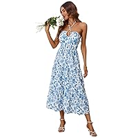 Summer Dresses for Women 2024 Floral Print Tie Backless Layered Hem Halter Dress