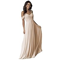 Women's Long Cold Shoulder Pleated Wedding Bridesmaid Dresses Off Shoulder Chiffon Prom Dress Champagne US26W