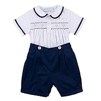 Feltman Brothers Navy & White Two Piece Smocked Boys Short Set Infant & Toddler