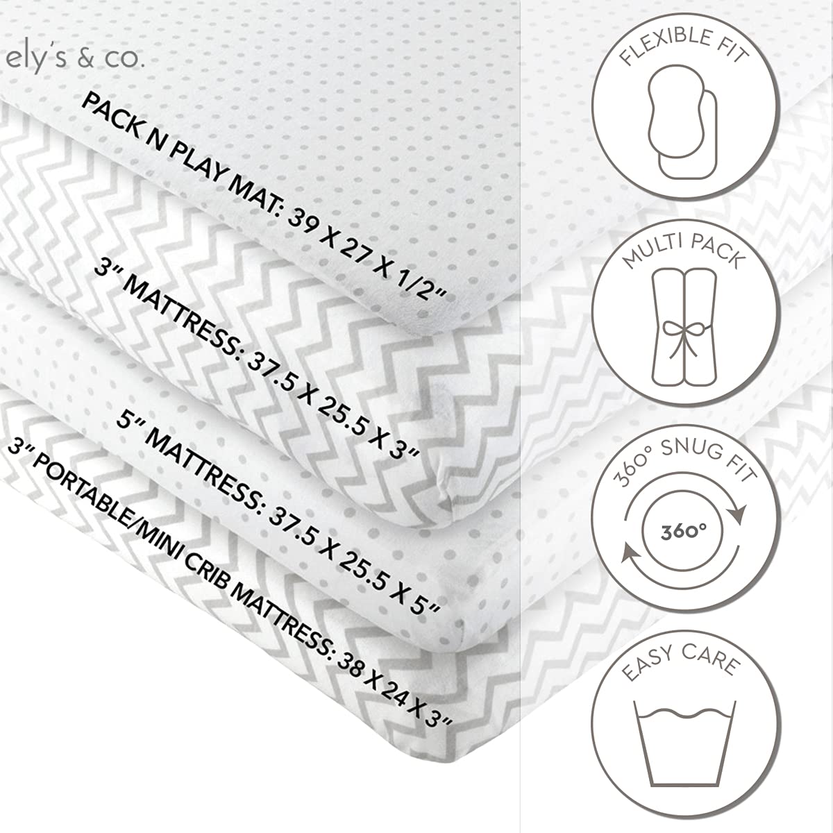 Pack N Play Portable Crib Sheet Set 100% Jersey Cotton Unisex for Baby Girl and Baby Boy by Ely's & Co. (Grey Chevron and Polka Dot)