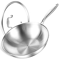 DELARLO Whole body Tri-Ply Stainless Steel 12.5 inch wok Pan With steel cover, Oven safe induction Stir-Fry Pans(5QT) skillet,Suitable for All Stove