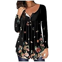 Women's Tops Floral Print Casual Tunic Blouse Loose Fit Pleated Shirt Long Sleeve Pullover Button Down Tshirt