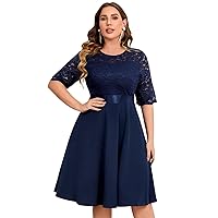 Womens Plus Size Dresses Summer Plain Contrast Lace A-line Dress (Color : Navy Blue, Size : 3X-Large)