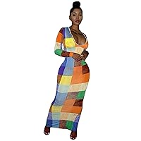 Womens Sexy Crew Neck Long Sleeve Plaid Print Slim Stretch Maxi Dress Casual Long Dress