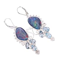 Triplet Fire opal & Blue Topaz Gemstone 925 Solid Sterling Silver Dangle Earrings Attractive Designer Jewelry Gift For Her