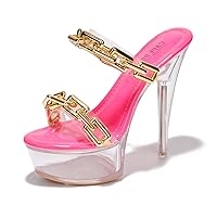 Cape Robbin Sion Sexy Transparent Platform Stiletto High Heels for Women, Clear Slide On Heeled Mule Shoes with Gold Link