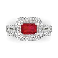 Clara Pucci 1.7ct Emerald Cut Halo Solitaire Genuine Simulated Ruby Engagement Anniversary Wedding Ring Band set 18K 2 tone Gold