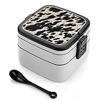 Black And White Cowhide Bento Box Adult Lunch Box All-in-One Lunch Containers with Removable Compartments Double Layer Bento Lunch Box with Spoon And Handle Stackable Lunchbox