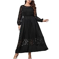 Women Floral Embroidered Maxi Dress Sheer Lantern Sleeve Tulle Prom Dresses Crewneck High Waist Homecoming Dress
