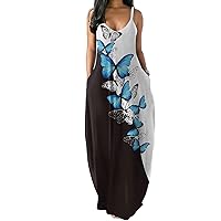 2024 Womens Casual Sleeveless Sundress Plus Size Loose Plain Long Summer Beach Maxi Dress with Pockets Suspender Printed