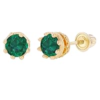 Solid 14K Gold 4mm Round Natural Birthstone Screwback Stud Earrings For Women | 4mm Crown Set Earrings | 14K Gold Natural or Created Gemstone Screwback Earrings For Women and Girls