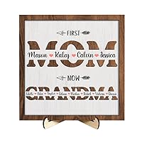 Personalized First Mom Now Grandma Wood Sign,Custom Family Name Sign Home Decor Wooden Plaque,Birthday Mothers Day Gifts for Mom Grandma Nana from Daughter Son