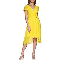 DKNY Women's Short Sleeve Asymmetrical Hem Faux Wrap Dress, Sunshine, 16