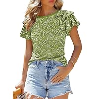 SHEWIN T Shirts for Women Ruffle Short Sleeve Polka Dot Printed Tops Casual Slim Fit Crewneck Tshirts Green S
