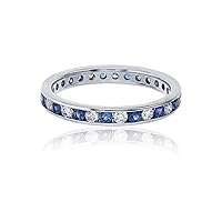 DECADENCE 14K White Gold Diamond and Swarovsk Pastel Light Blue Sapph Alternating 30-Stone Round Channel Eternity Band Ring