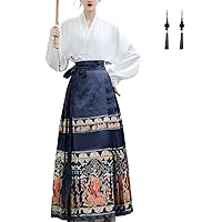 Women's Horse Face Skirt Vintage Tie A-line Print Swing Pleated Skirts Chinese Traditional Ming Dynasty Hanfu Clothing