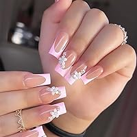 Pink French Press On Nails Medium Long Fake Nails Full Cover False Nails With 3D Flower Designs Acrylic Nails Press On Glossy Glue On Nails Square Pink Flower Stick On Nails Manicure Decorations