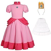Girls Peach Costume Princess Dress With Crown for Deluxe Halloween Party Dress Up