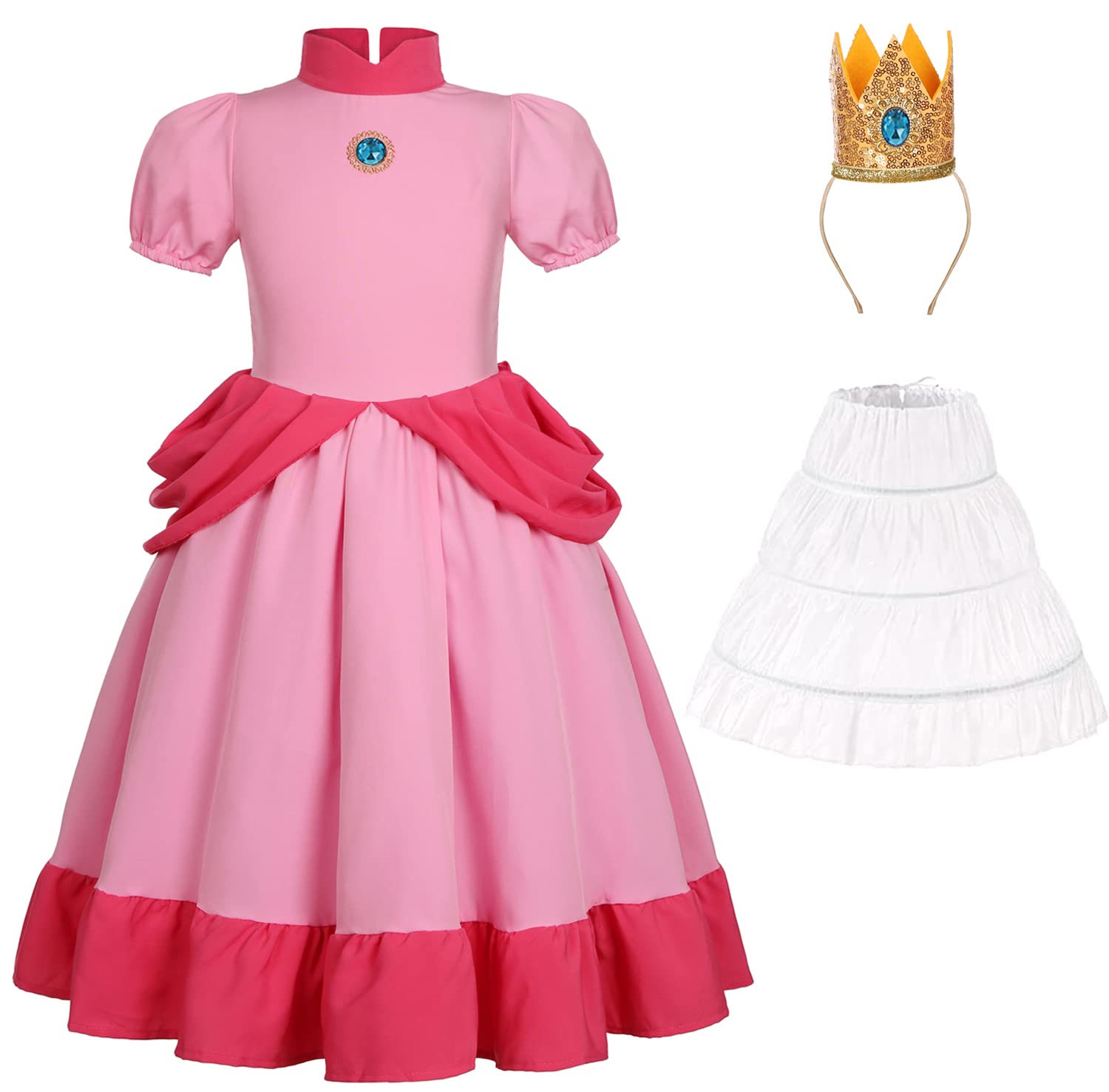 Girls Peach Costume Princess Dress With Crown for Deluxe Halloween Party Dress Up, 5-6 Years