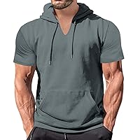 Mens Short Sleeve Casual Pullover Hoodies Big and Tall Summer Moisture Wicking V Neck Hooded Sweatshirts with Pockets