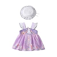 Newborn Baby Girl Summer Butterfly Embroidery Romper Fly Sleeve Dress with Baby Cap for 1 to 2 Baby Girls Tops