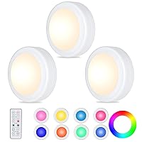 Yiliaw 3 Pack LED Puck Lights Remote Control 16 Color Changeable Under Cabinet Lights, Battery Operated Lights Night Light with Dimmer & Timmer for Closet Bedroom Kitchen, White