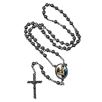 FindChic Stainless Steel Rosary Bead Necklaces Catholic Cross Pendant for Women Red/Blue Crystal Evil Eye Long Y Shape Necklaces, with Gift Box