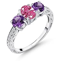 Gem Stone King 925 Sterling Silver 3-Stone Ring Purple Amethyst and Set with Oval Pink Zirconia