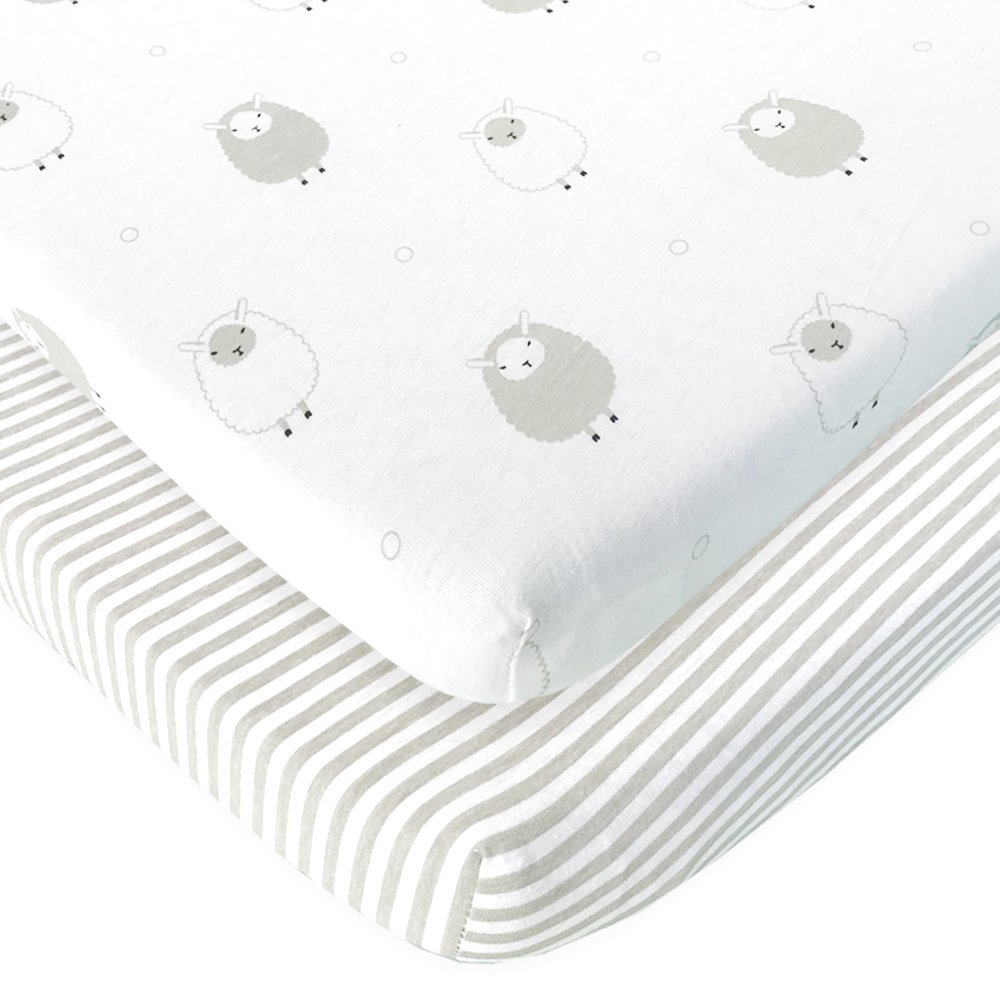 Cuddly Cubs Pack n Play Sheets | 2 Pack Playard Sheet for Baby Girl and Boy | Pure Jersey Cotton Unisex Mini Portable Crib Sheets | Sheep and Stripe in Grey | Compatible with Graco Pack and Play
