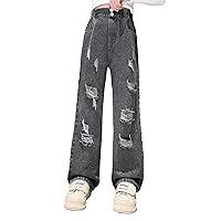 Junior Girls Casual Trendy Denim Pants Elastic Waist Straight Leg Ripped Jeans Loose Trousers with Pockets Size 4-16