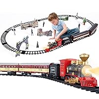 Electric Metal Alloy Classical Train Set with Steam Locomotive Engine, Cargo Car and Long Track, Play Set W/Smoke, Light and Sounds, for Boys & Girls 3 4 5 6 7 Years