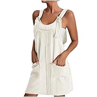 Women's Casual Dresses Summer Cotton Linen Overalls Dress Loose Fit Sleeveless Knot Strap Beach Short Mini Dress with Pockets