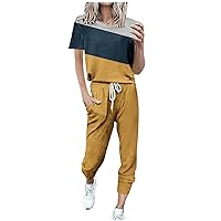 Womens 2 Piece Outfits Summer Casual Short Sleeve Sweatsuits Crewneck T-Shirts and Drawstring Sweatpants Jogger Sets