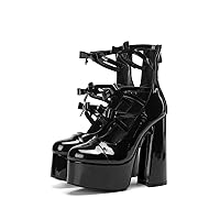 Frankie Hsu Lolita Women's Large size Bow Strap Black Patent Leather Platform Chunky Block High Heels Ankle Heeled Boots Shoes