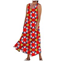 Linen Dress for Women 2024 Summer Flowy Sleeveless Maxi Dress Printed Tank Dress Casual Long Dresses with Pockets