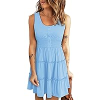 Dokotoo Womens Summer Dresses 2024 Sleeveless Button Down Smocked Elastic Waist Ruffle Tiered Casual Swing Mini Dress