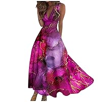 Sparkly Dresses for Women, Satin Dress Hawaiian Dresses for Women Maxi Dress Ladies Trendy V Neck Casual Sleeveless Womens Fashion Floral Print Loose Line Outdoor Swing Streetwear (Purple,3X-Large)