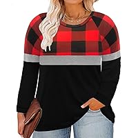 RITERA Plus Size Plaid Tops Womens Color Block Shirts Long Sleeve Blouses Fall Sweatshirts Crewneck Pullover Red - plaid 4XL