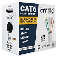 Cmple - Cat 6 Cable 1000ft, 23 AWG Bare Copper Wire CMR Riser Cat6 Ethernet Cable, (UTP) Unshielded Twisted Pair, Gigabit Ethernet Cord, 550Mhz, PoE++, Reelex Box - White