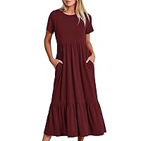 My Recent Order T-Shirt Dress for Women Crewneck Short Sleeve Tunic Dresses Casual Tiered Ruffle Swing Dress with Pocket Casual Dresses Cocktail Dress for Women Wine