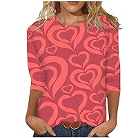 Women's 3/4 Sleeves Tops Fashion Casual Heart Printed Loose T-Shirt Blouse Round Neck Valentine's Day Tops Lover Gift