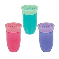 Nuby 3 Pack 360° 10oz Wonder Cups, Spill-Proof Transition Cup for Beginners, Sip from All Sides, Spoutless Design, Leak-Resistant Touch-FLO Silicone Rim Insert, BPA Free, 12+ Months, Aqua/Purple/Pink